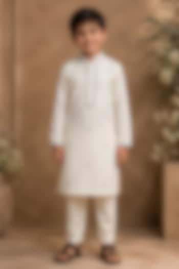 Ivory Swiss Silk Thread & Bead Embroidered Kurta Set For Boys by Shreyansh Designs Kids at Pernia's Pop Up Shop