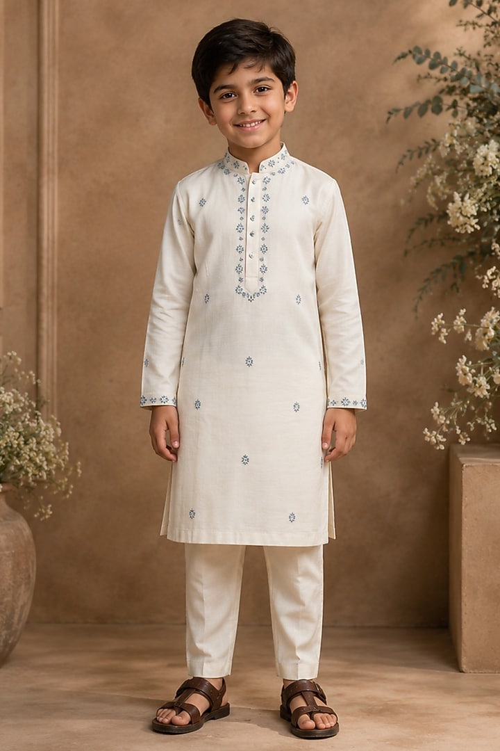 Ivory Swiss Silk Thread & Bead Embroidered Kurta Set For Boys by Shreyansh Designs Kids at Pernia's Pop Up Shop