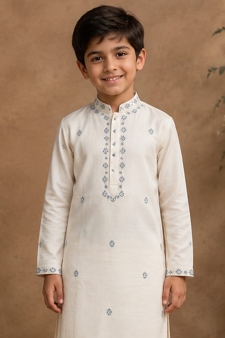 Ivory Swiss Silk Thread & Bead Embroidered Kurta Set For Boys by Shreyansh Designs Kids at Pernia's Pop Up Shop