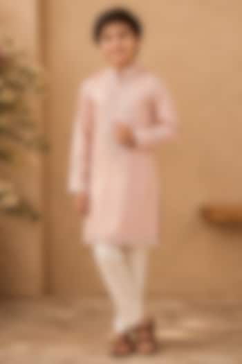 Soft Pink Swiss Silk Mirror Work Kurta Set For Boys by Shreyansh Designs Kids at Pernia's Pop Up Shop