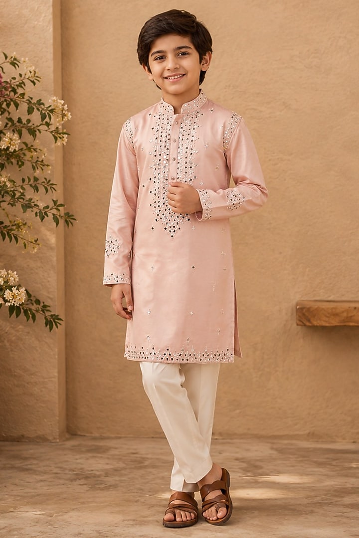 Soft Pink Swiss Silk Mirror Work Kurta Set For Boys by Shreyansh Designs Kids at Pernia's Pop Up Shop