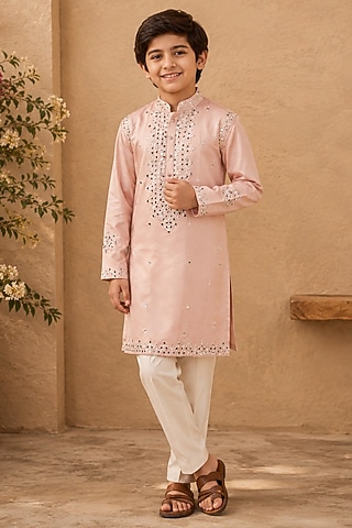Soft Pink Swiss Silk Mirror Work Kurta Set For Boys by Shreyansh Designs Kids