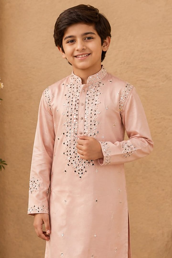 Soft Pink Swiss Silk Mirror Work Kurta Set For Boys by Shreyansh Designs Kids at Pernia's Pop Up Shop