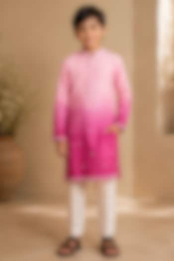Fuchsia Pink Ombre Swiss Silk Glass Bead Embroidered Kurta Set For Boys by Shreyansh Designs Kids at Pernia's Pop Up Shop