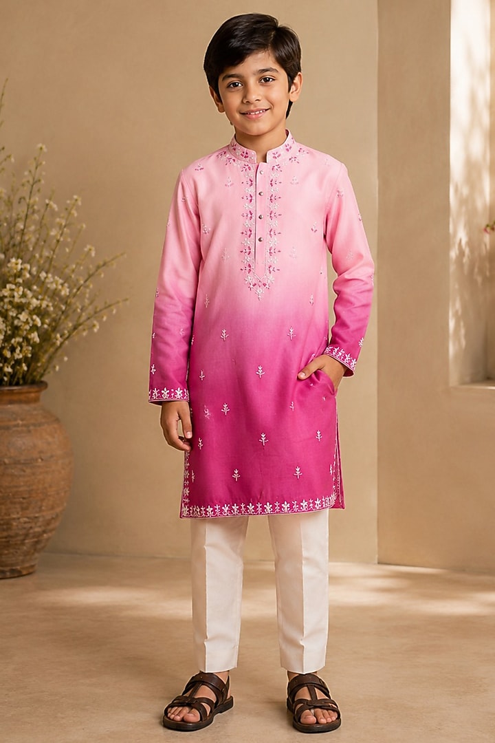 Fuchsia Pink Ombre Swiss Silk Glass Bead Embroidered Kurta Set For Boys by Shreyansh Designs Kids at Pernia's Pop Up Shop