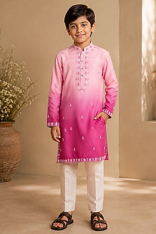 Fuchsia Pink Ombre Swiss Silk Glass Bead Embroidered Kurta Set For Boys by Shreyansh Designs Kids