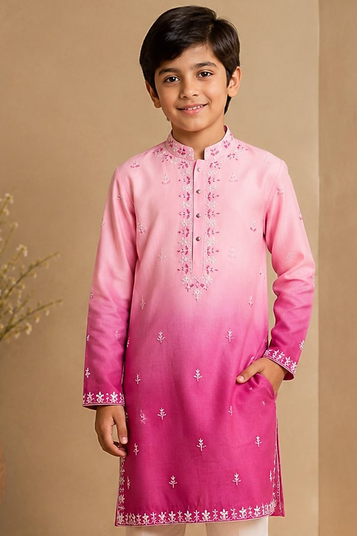 Fuchsia Pink Ombre Swiss Silk Glass Bead Embroidered Kurta Set For Boys by Shreyansh Designs Kids at Pernia's Pop Up Shop
