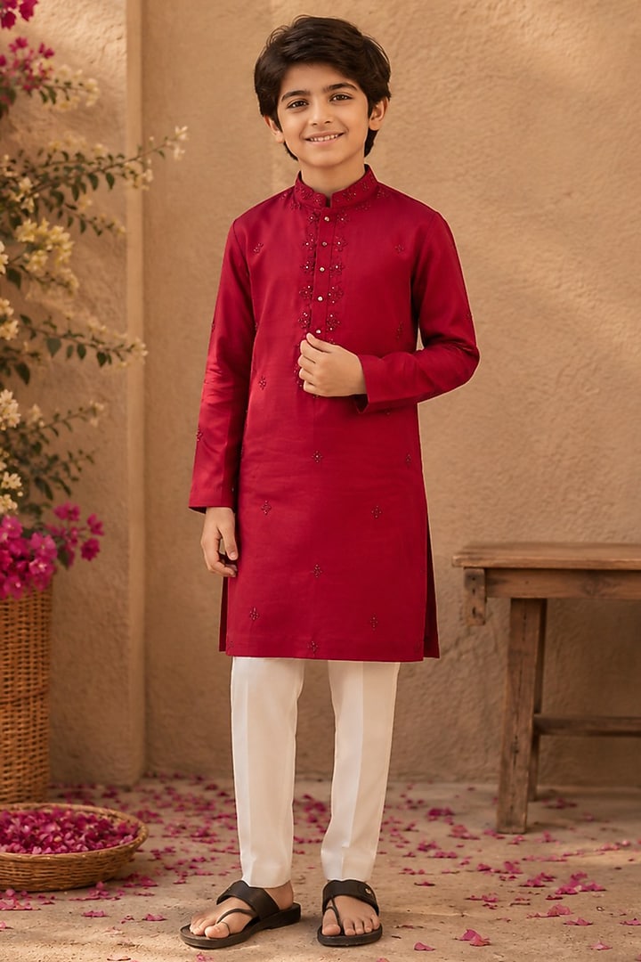 Powder Blue Swiss Silk Pearl Embroidered Kurta Set For Boys by Shreyansh Designs Kids at Pernia's Pop Up Shop