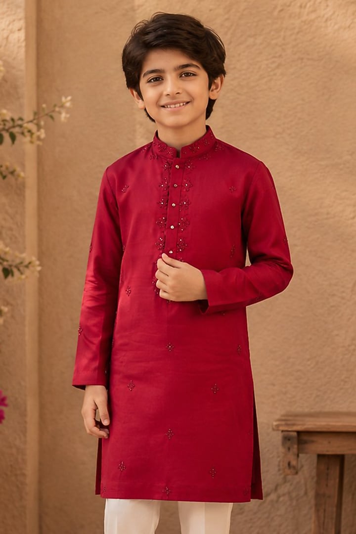 Powder Blue Swiss Silk Pearl Embroidered Kurta Set For Boys by Shreyansh Designs Kids at Pernia's Pop Up Shop