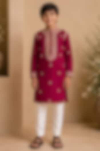 Fuchsia Pink Swiss Silk Mirror & Sequin Embroidered Kurta Set For Boys by Shreyansh Designs Kids at Pernia's Pop Up Shop