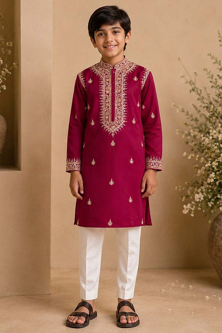 Fuchsia Pink Swiss Silk Mirror & Sequin Embroidered Kurta Set For Boys by Shreyansh Designs Kids at Pernia's Pop Up Shop