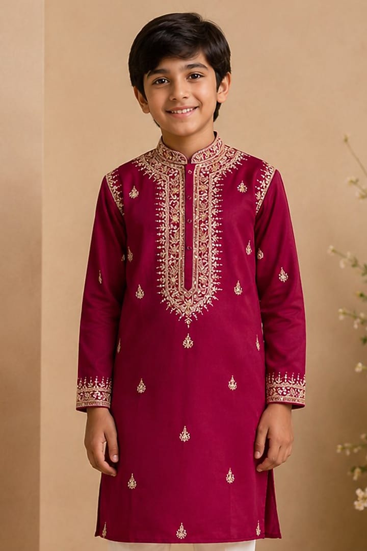 Fuchsia Pink Swiss Silk Mirror & Sequin Embroidered Kurta Set For Boys by Shreyansh Designs Kids at Pernia's Pop Up Shop