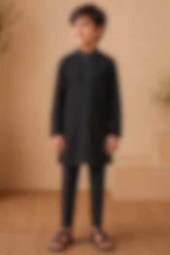 Midnight Blue & Black Ombre Cotton Silk Bead Embroidered Kurta Set For Boys by Shreyansh Designs Kids at Pernia's Pop Up Shop