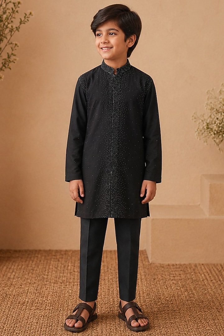 Midnight Blue & Black Ombre Cotton Silk Bead Embroidered Kurta Set For Boys by Shreyansh Designs Kids at Pernia's Pop Up Shop