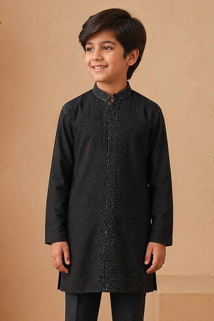Midnight Blue & Black Ombre Cotton Silk Bead Embroidered Kurta Set For Boys by Shreyansh Designs Kids at Pernia's Pop Up Shop