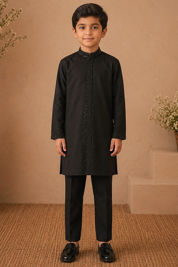 Black Cotton Silk Glass Bead Embroidered Kurta Set For Boys by Shreyansh Designs Kids at Pernia's Pop Up Shop