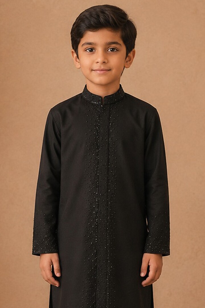 Black Cotton Silk Glass Bead Embroidered Kurta Set For Boys by Shreyansh Designs Kids at Pernia's Pop Up Shop