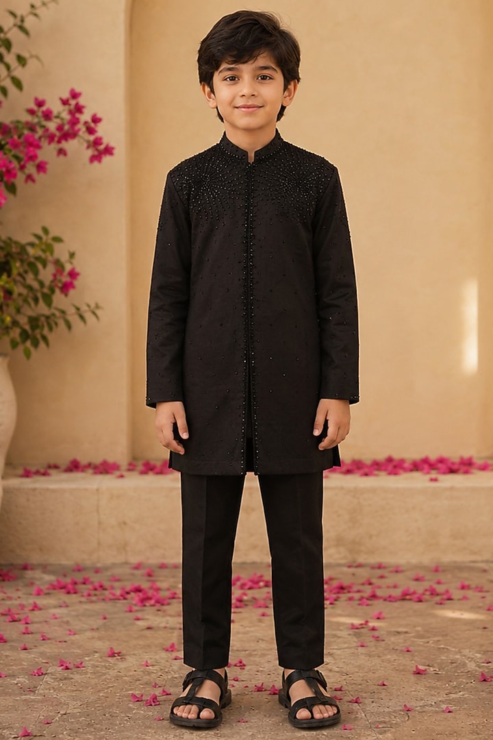 Black Swiss Silk Glass Bead Embroidered Kurta Set For Boys by Shreyansh Designs Kids at Pernia's Pop Up Shop