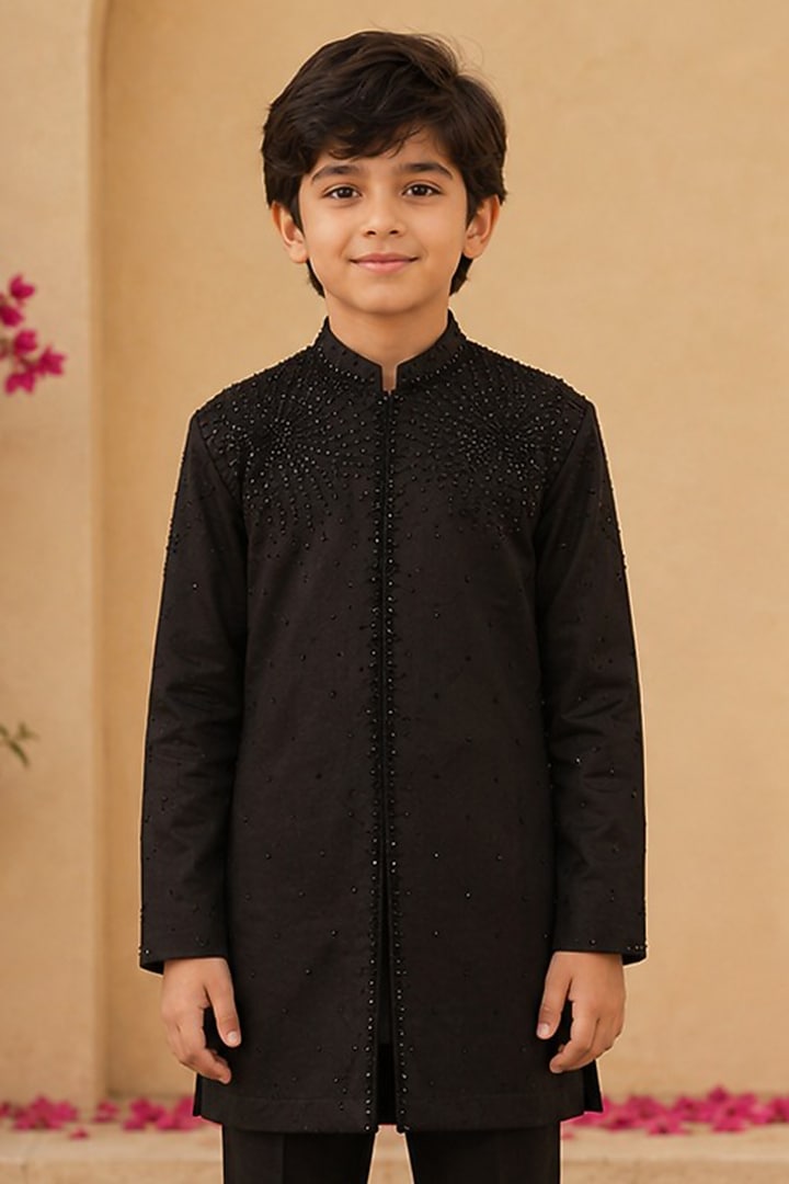 Black Swiss Silk Glass Bead Embroidered Kurta Set For Boys by Shreyansh Designs Kids at Pernia's Pop Up Shop