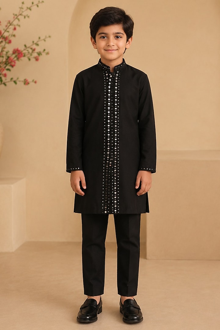 Black Cotton Silk Glass Bead & Mirror Work Kurta Set For Boys by Shreyansh Designs Kids at Pernia's Pop Up Shop