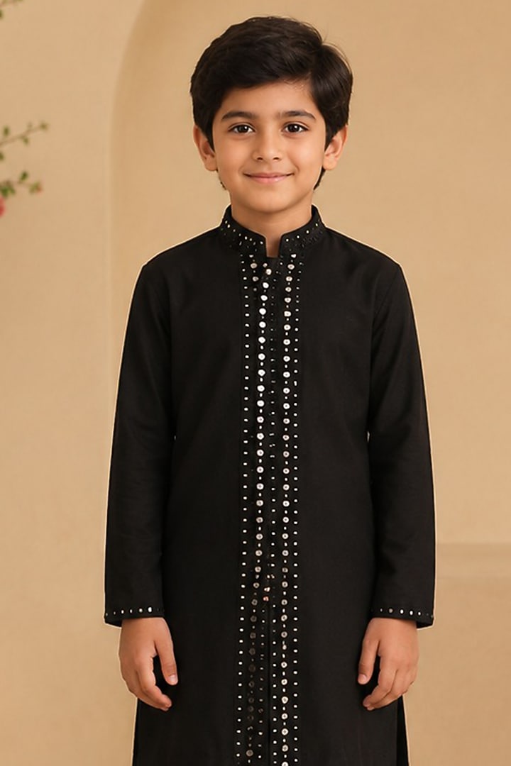 Black Cotton Silk Glass Bead & Mirror Work Kurta Set For Boys by Shreyansh Designs Kids at Pernia's Pop Up Shop