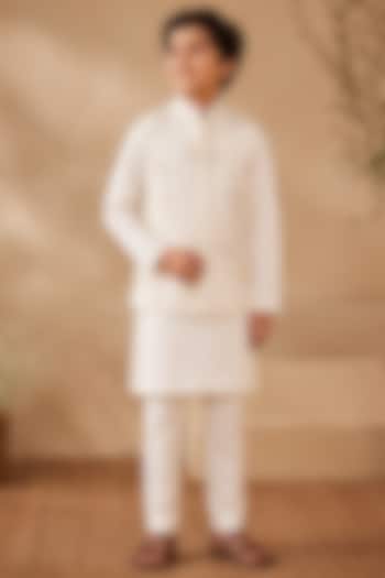 Off White Dupion Silk Floral Embroidered Nehru Jacket Set For Boys by Shreyansh Designs Kids at Pernia's Pop Up Shop