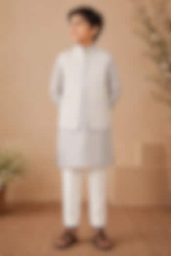 Space Grey Dupion Silk Hand Embroidered Nehru Jacket Set For Boys by Shreyansh Designs Kids at Pernia's Pop Up Shop