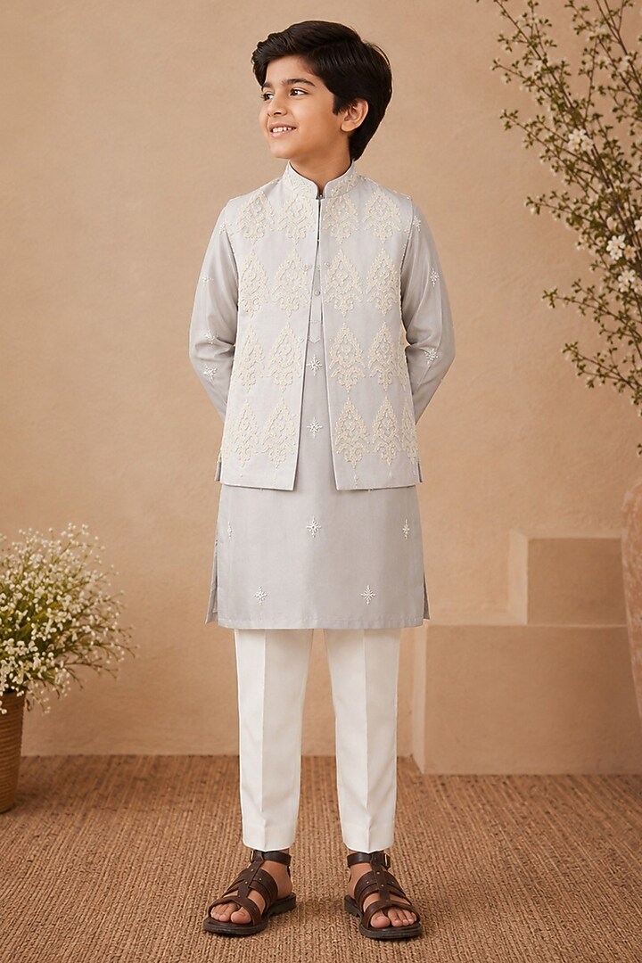Space Grey Dupion Silk Hand Embroidered Nehru Jacket Set For Boys by Shreyansh Designs Kids at Pernia's Pop Up Shop