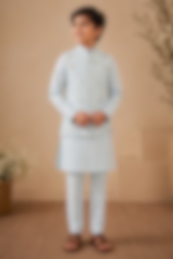 Powder Blue Dupion Silk Hand Embroidered Nehru Jacket Set For Boys by Shreyansh Designs Kids at Pernia's Pop Up Shop