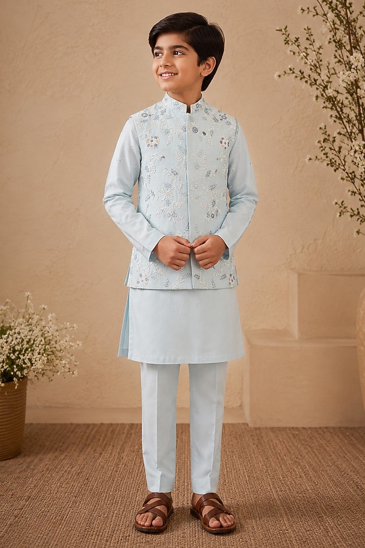Powder Blue Dupion Silk Hand Embroidered Nehru Jacket Set For Boys by Shreyansh Designs Kids at Pernia's Pop Up Shop