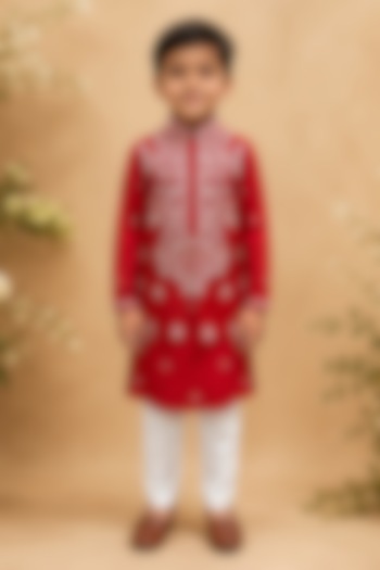 Red Dupion Silk Hand Embroidered Nehru Jacket Set For Boys by Shreyansh Designs Kids at Pernia's Pop Up Shop