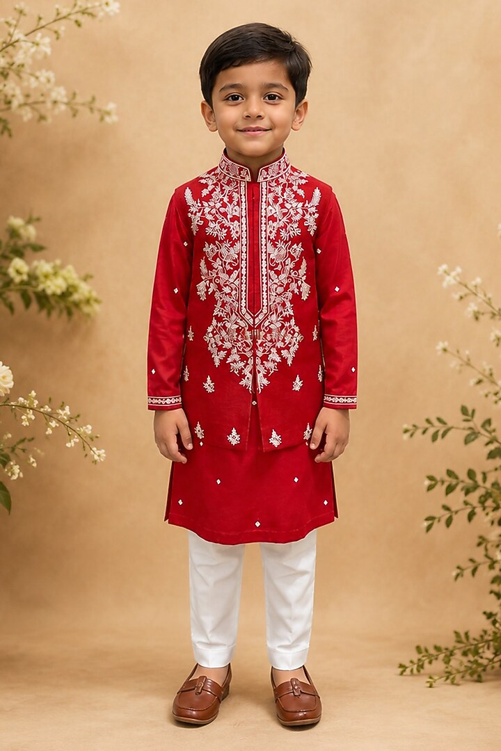 Red Dupion Silk Hand Embroidered Nehru Jacket Set For Boys by Shreyansh Designs Kids at Pernia's Pop Up Shop