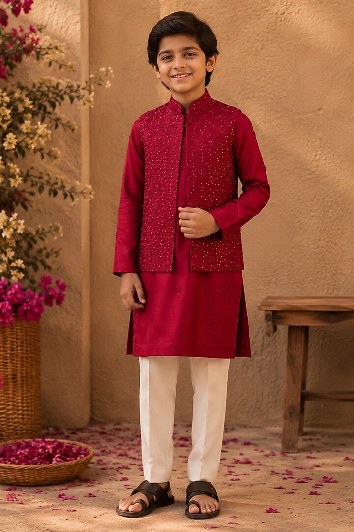 Wine Dupion Silk Hand Embroidered Nehru Jacket Set For Boys by Shreyansh Designs Kids at Pernia's Pop Up Shop