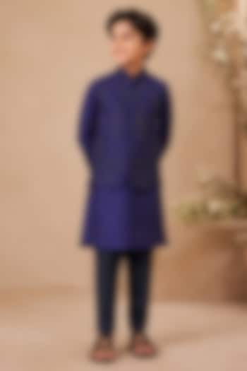 Powder Blue Dupion Silk Hand Embroidered Nehru Jacket Set For Boys by Shreyansh Designs Kids at Pernia's Pop Up Shop