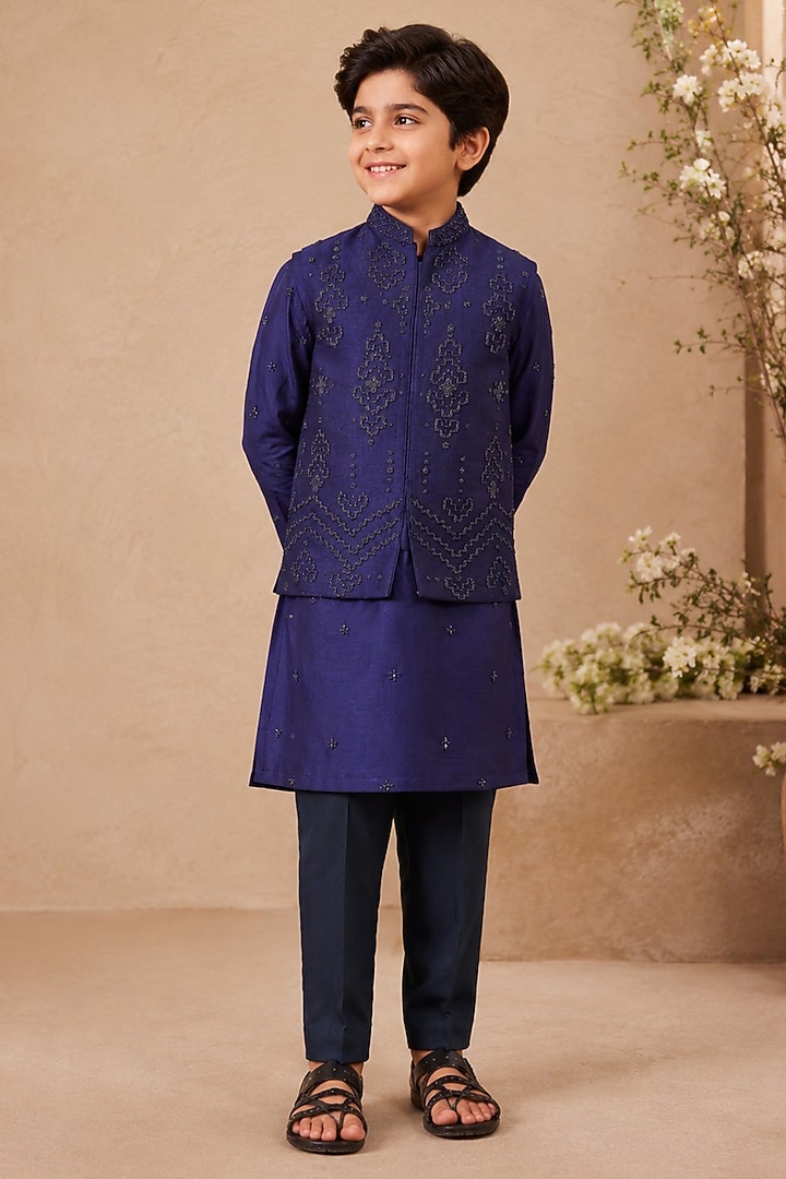 Powder Blue Dupion Silk Hand Embroidered Nehru Jacket Set For Boys by Shreyansh Designs Kids at Pernia's Pop Up Shop