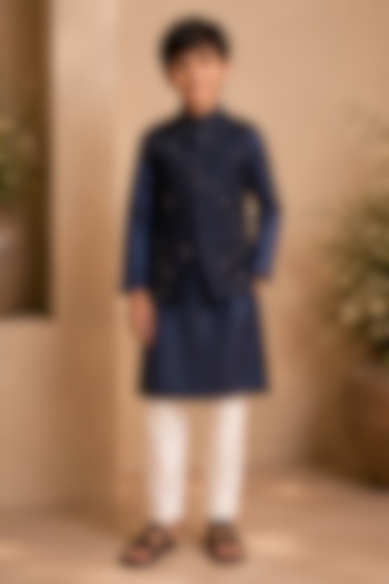 Midnight Blue Dupion Silk Hand Embroidered Nehru Jacket Set For Boys by Shreyansh Designs Kids at Pernia's Pop Up Shop
