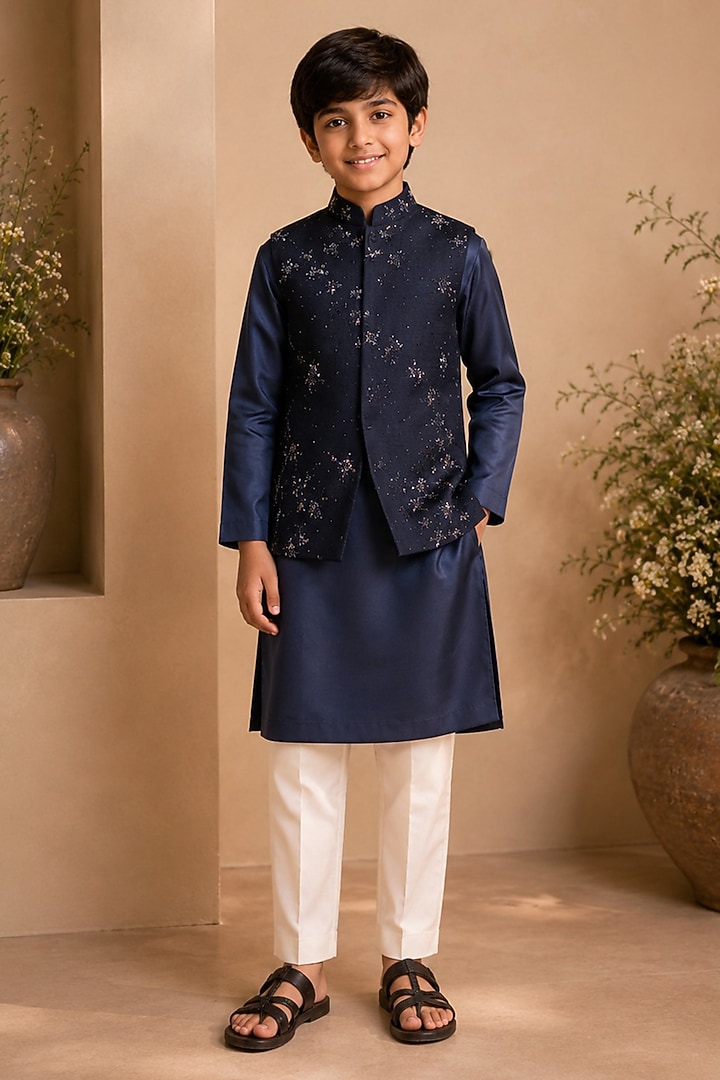 Midnight Blue Dupion Silk Hand Embroidered Nehru Jacket Set For Boys by Shreyansh Designs Kids at Pernia's Pop Up Shop