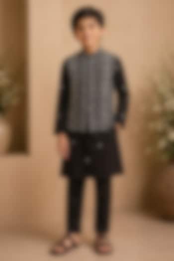 Black Dupion Silk Hand Embroidered Nehru Jacket Set For Boys by Shreyansh Designs Kids at Pernia's Pop Up Shop