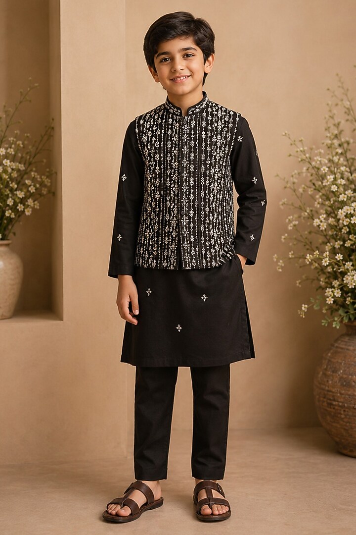 Black Dupion Silk Hand Embroidered Nehru Jacket Set For Boys by Shreyansh Designs Kids at Pernia's Pop Up Shop