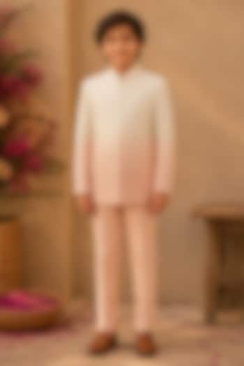 Ivory & Pink Ombre Dupion Silk Hand Embroidered Bandhgala Set For Boys by Shreyansh Designs Kids at Pernia's Pop Up Shop