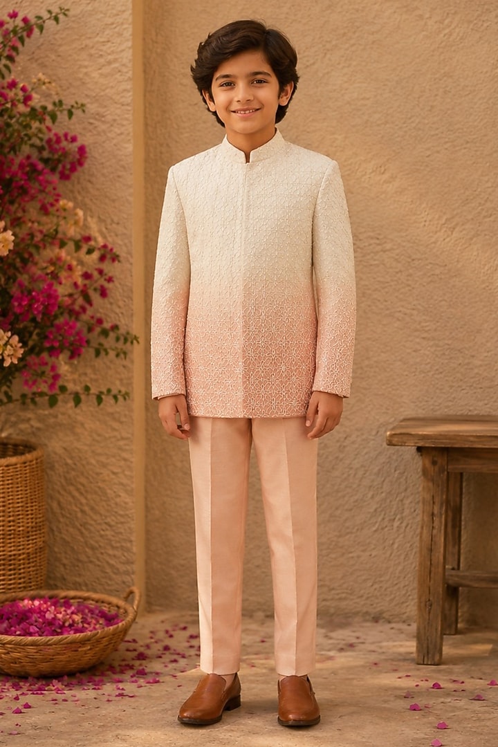 Ivory & Pink Ombre Dupion Silk Hand Embroidered Bandhgala Set For Boys by Shreyansh Designs Kids at Pernia's Pop Up Shop