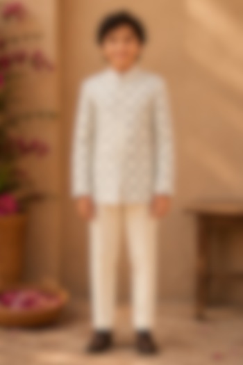 Ivory Dupion Silk Hand Embroidered Bandhgala Set For Boys by Shreyansh Designs Kids at Pernia's Pop Up Shop
