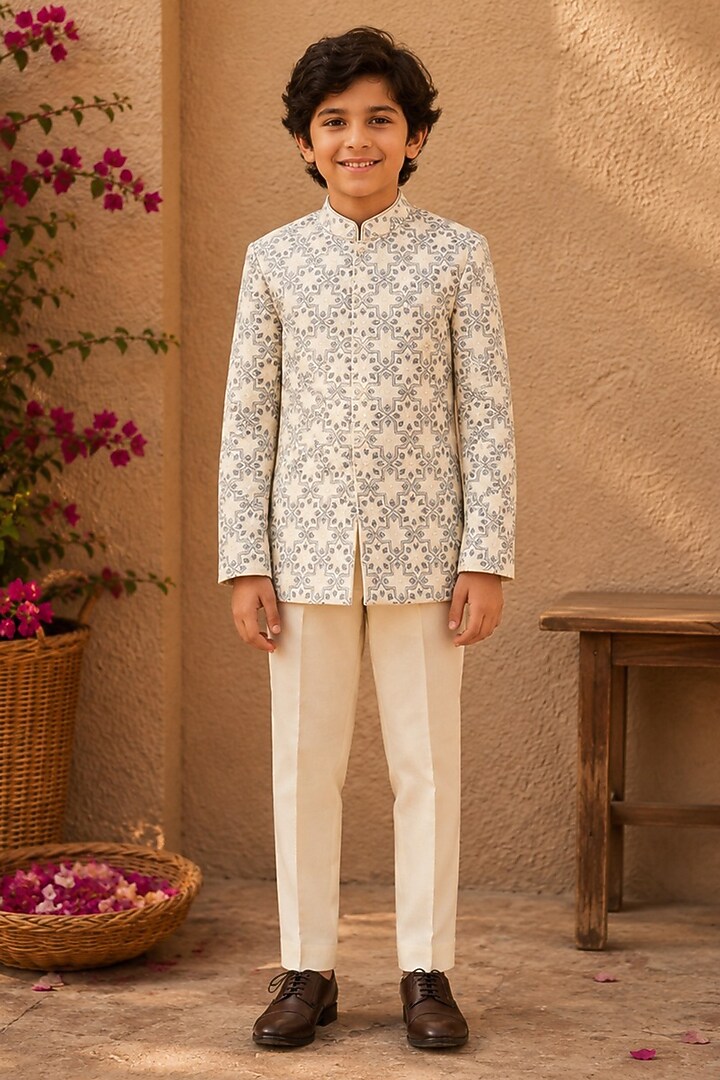 Ivory Dupion Silk Hand Embroidered Bandhgala Set For Boys by Shreyansh Designs Kids at Pernia's Pop Up Shop