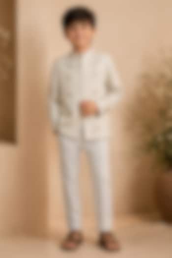 Powder Blue Dupion Silk Hand Embroidered Bandhgala Set For Boys by Shreyansh Designs Kids at Pernia's Pop Up Shop