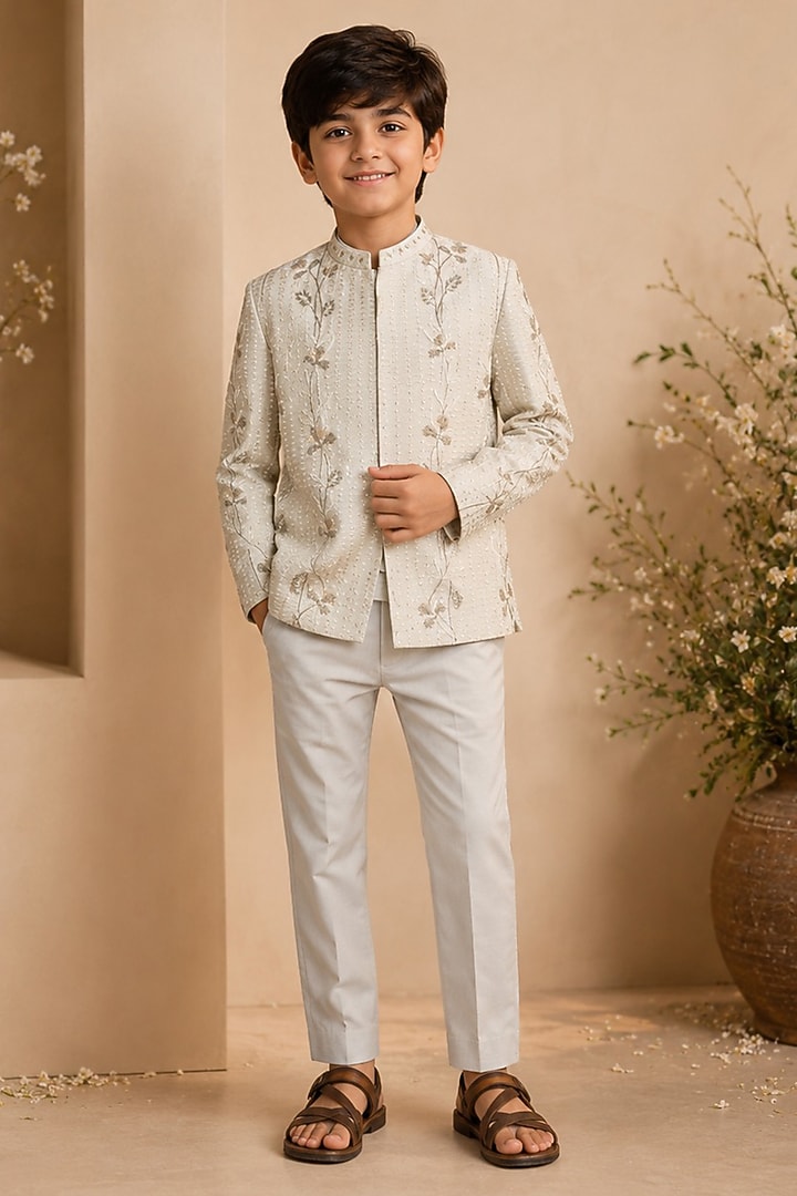 Powder Blue Dupion Silk Hand Embroidered Bandhgala Set For Boys by Shreyansh Designs Kids at Pernia's Pop Up Shop