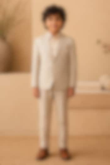 Beige Linen Hand Embroidered Blazer Set For Boys by Shreyansh Designs Kids at Pernia's Pop Up Shop
