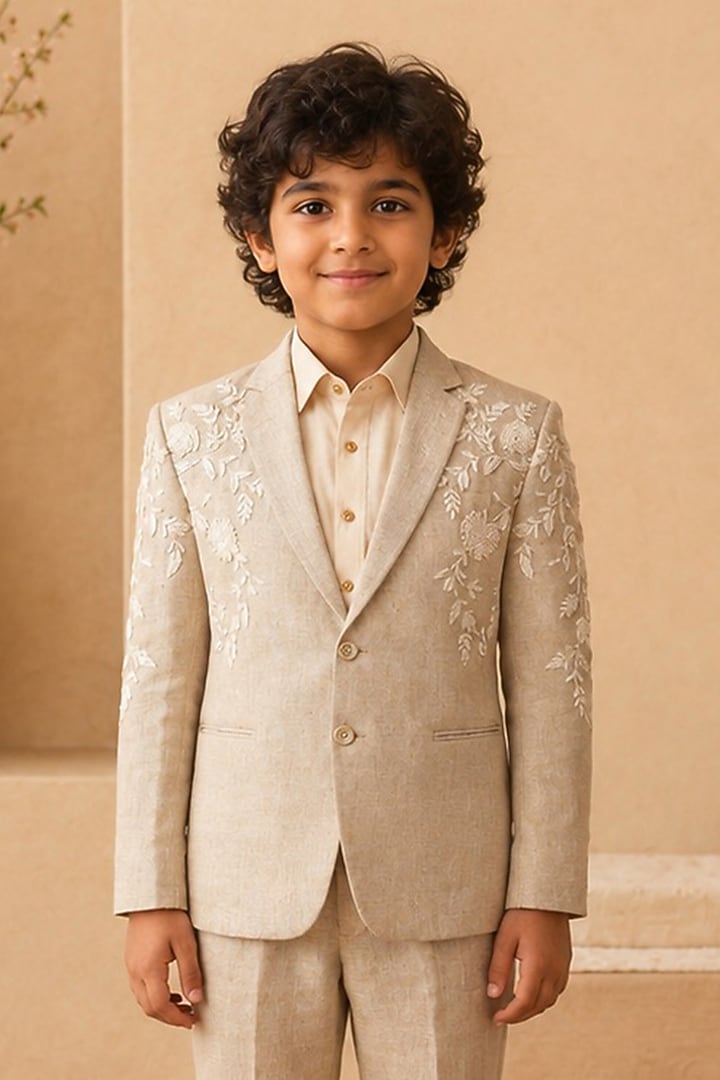 Beige Linen Hand Embroidered Blazer Set For Boys by Shreyansh Designs Kids at Pernia's Pop Up Shop