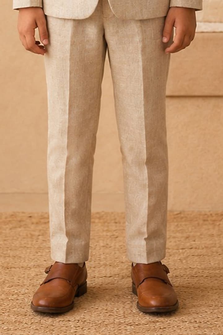 Beige Linen Hand Embroidered Blazer Set For Boys by Shreyansh Designs Kids at Pernia's Pop Up Shop