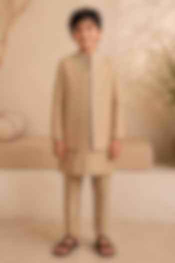 Desert Gold Dupion Silk Hand Embroidered Indowestern Set For Boys by Shreyansh Designs Kids at Pernia's Pop Up Shop