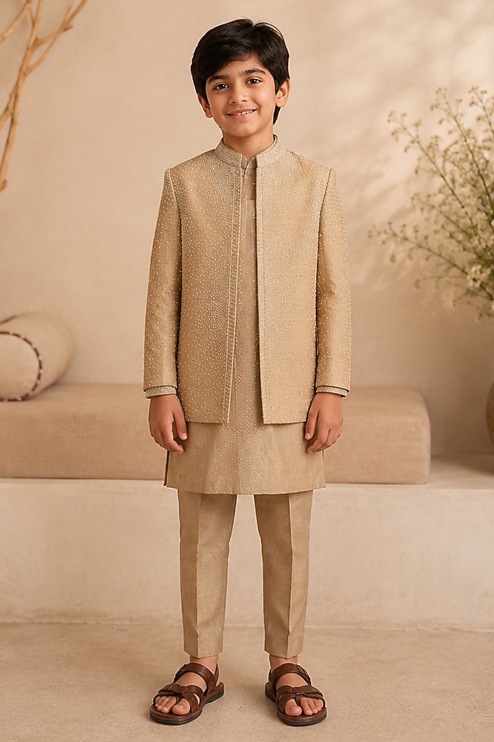 Desert Gold Dupion Silk Hand Embroidered Indowestern Set For Boys by Shreyansh Designs Kids at Pernia's Pop Up Shop